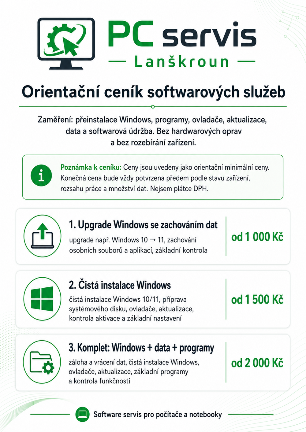 Orientační ceník softwarových služeb PC servis Lanškroun
